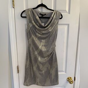 New with tags NWT White House Black Market Gray Gold Metallic Drape Neck Dress